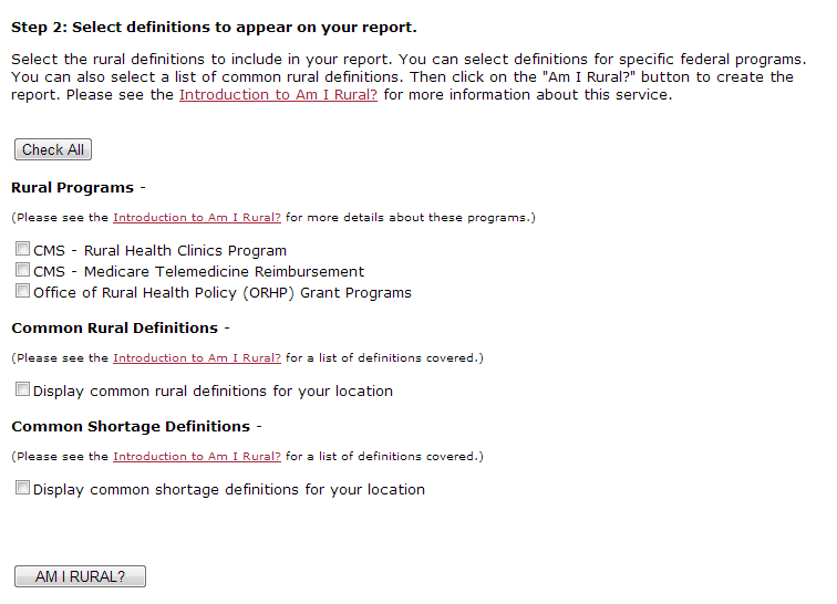 Rural Access Center "Am I Rural" step 2